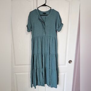 August Sky Teal Button-Up Tiered Dress Size M